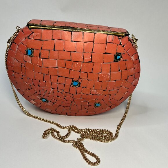 Ramla Design Handmade Mosaic Crossbody Purse Coral Blue Gold Accents rustic - Picture 9 of 9
